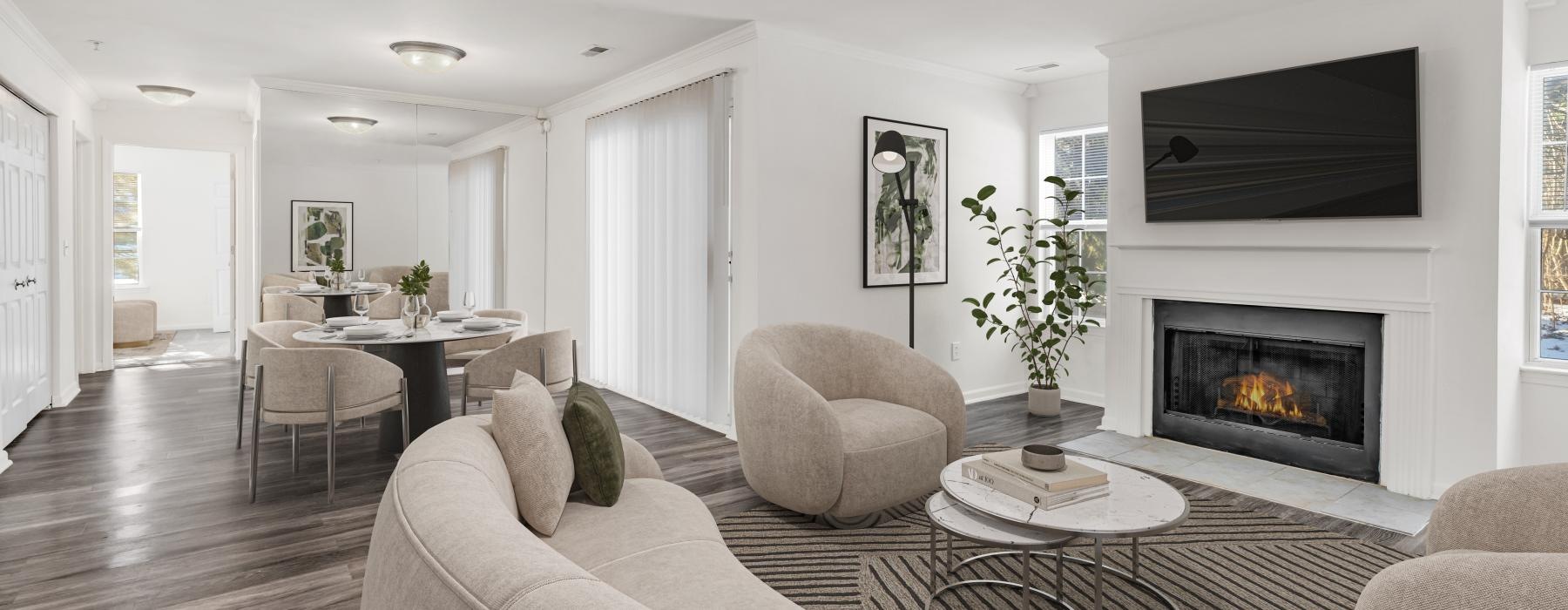 a living room with a fireplace