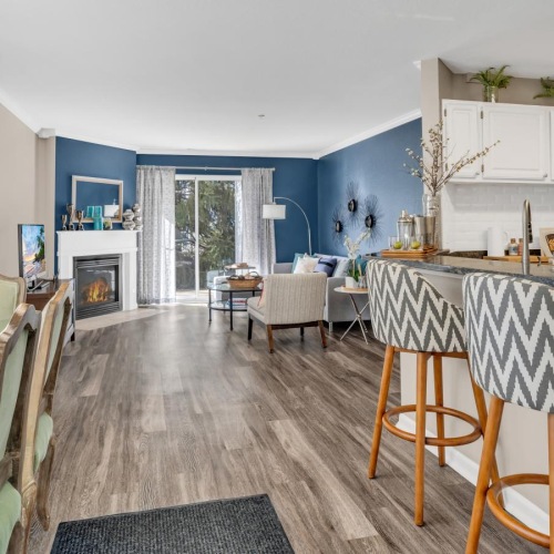 a kitchen with a dining table