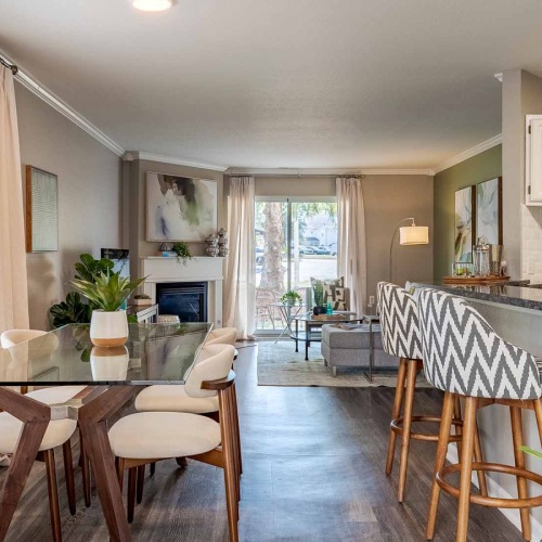 a kitchen with a dining table